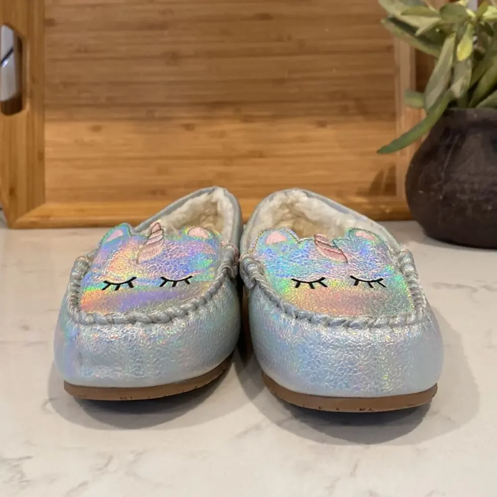 Lands' End Sleeping Unicorn Iridescent Girls Moccasin Slippers size 4 whimsical